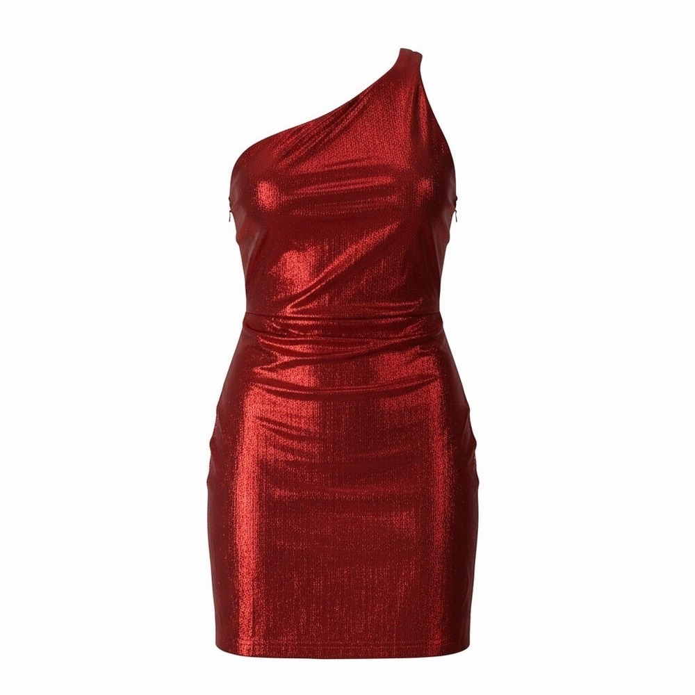 Superdown Red Metallic One Shoulder Mini Dress Bodycon Party SZ M